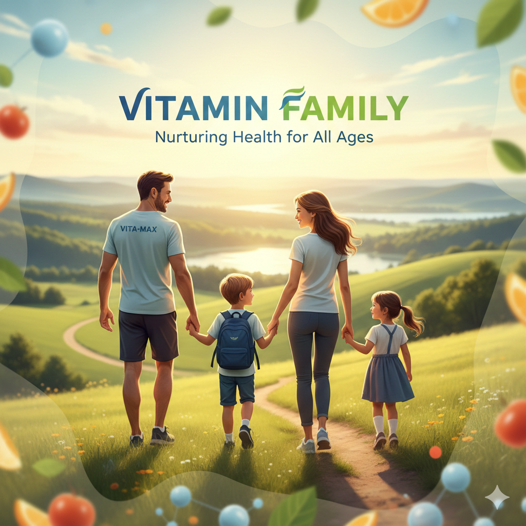 Family walking together in a scenic landscape with 'Vitamin Family' branding.